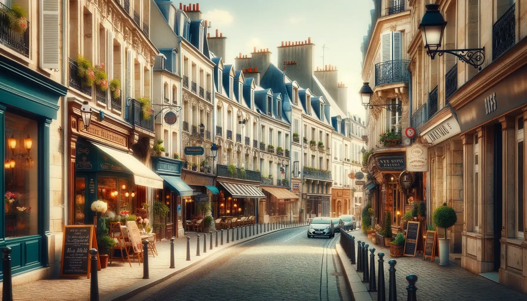 Le charme unique de la vie urbaine française, avec des rues étroites bordées de bâtiments historiques, des boutiques pittoresques et des cafés chaleureux avec des détails comme des lampadaires, des bacs à fleurs et un aperçu de la vie quotidienne en France.