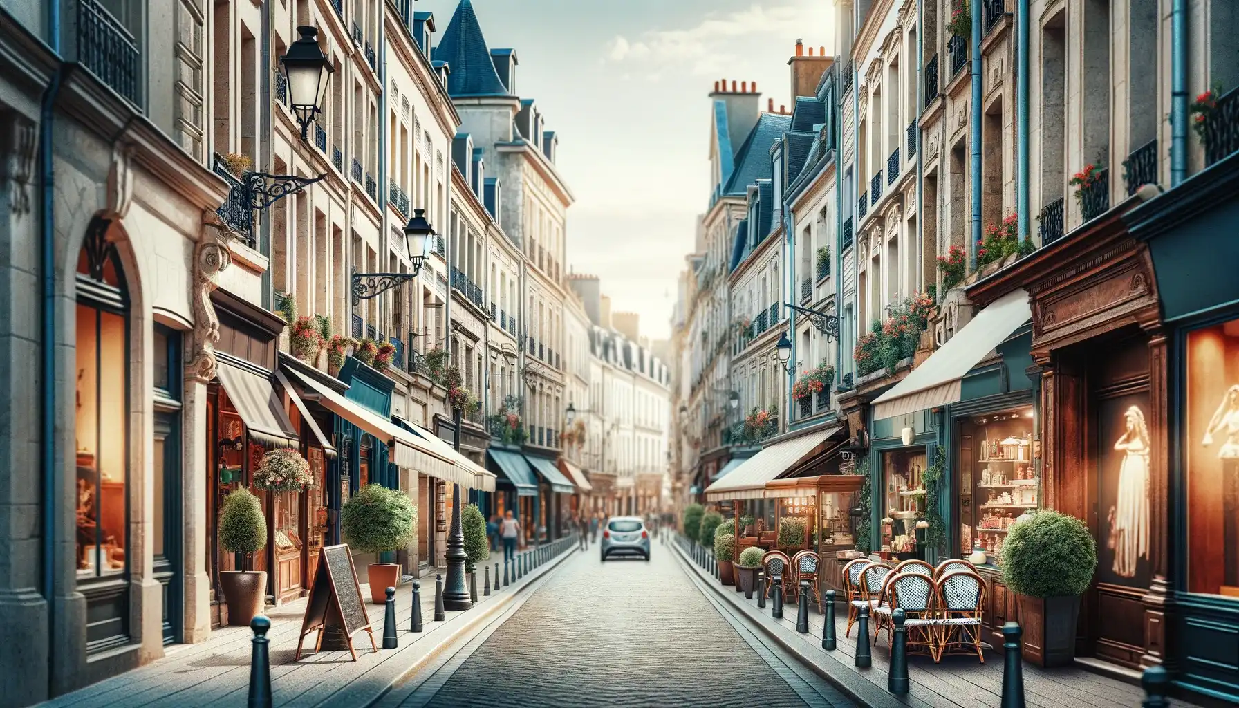 Une rue française composée de rues étroites bordées de bâtiments historiques, de boutiques pittoresques et de cafés chaleureux.