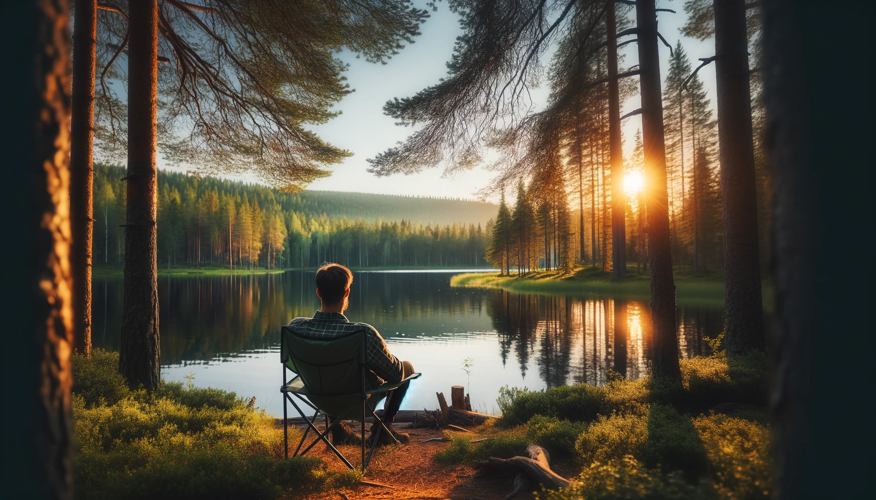 Un homme est assis sur une chaise de camping dans le cadre pittoresque d'un lac forestier lors d'une belle soirée d'été.
