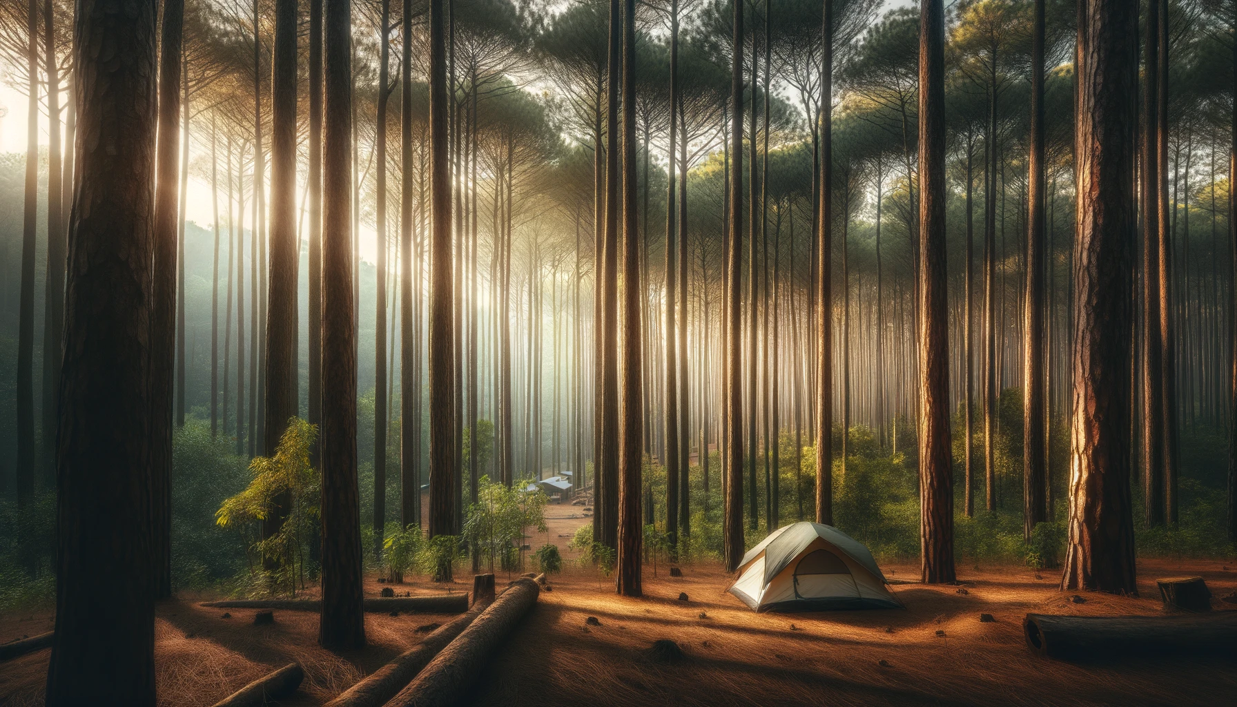 Un beau paysage mettant en vedette une tente nichée au milieu de grands pins dans une forêt dense.