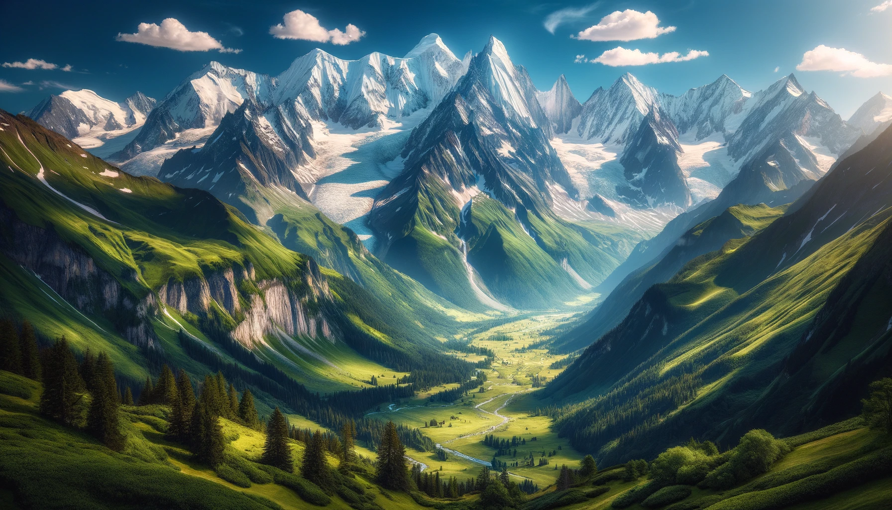 Capturez la beauté à couper le souffle des Alpes françaises sur une photo de stock. L'image présente de majestueux sommets montagneux recouverts de neige, dominant des vallées verdoyantes.