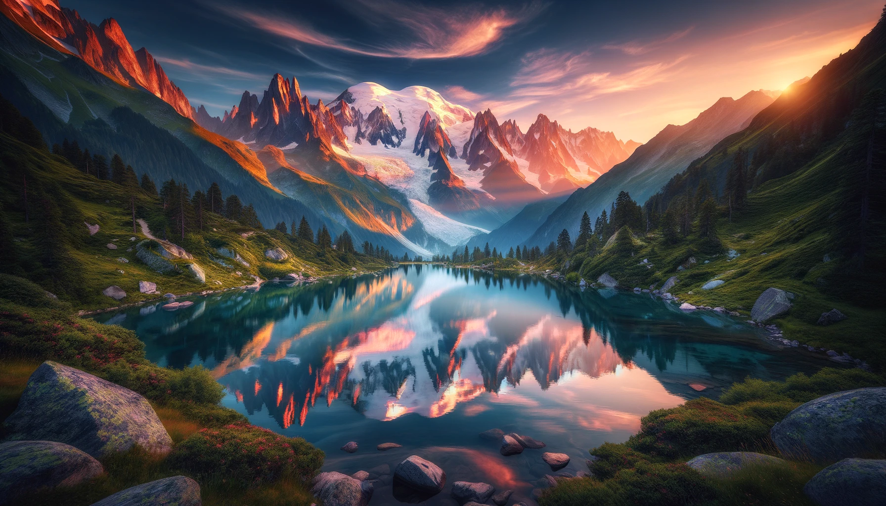 le magnifique paysage du Lac Blanc avec la chaîne de montagnes du Mont Blanc reflétée sur le lac au coucher du soleil à Chamonix, France.