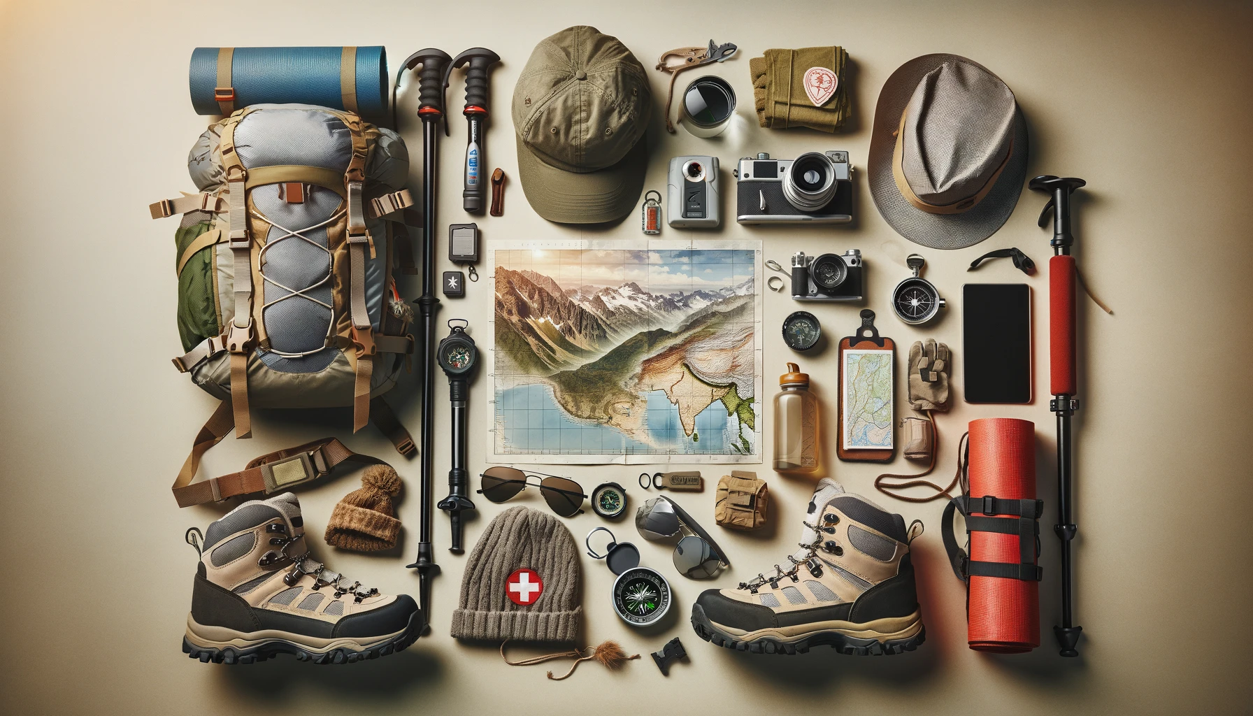 équipements et accessoires indispensables pour la randonnée en montagne en pleine nature, soigneusement disposés sur un fond neutre.