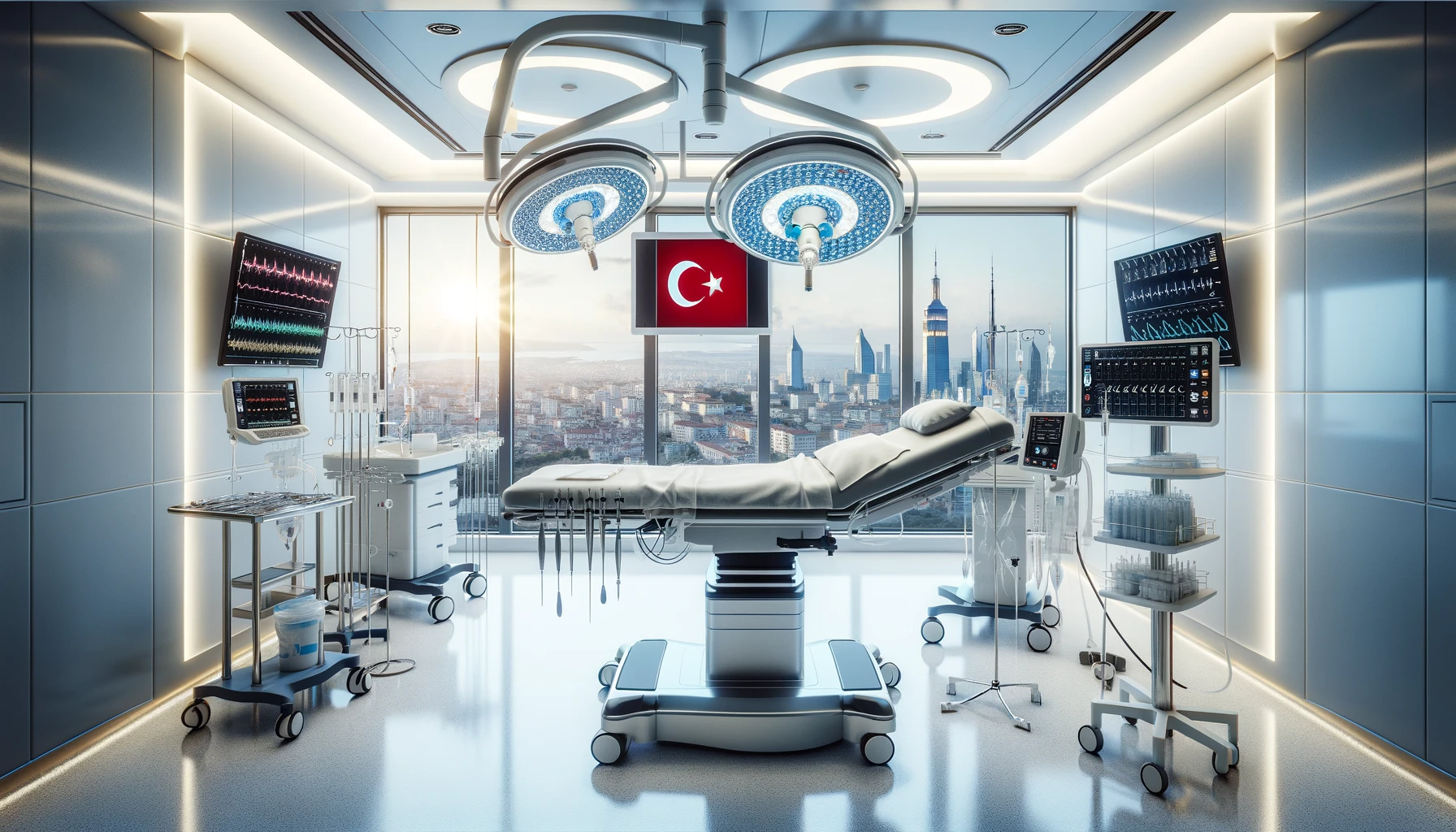a modern, high-tech hospital room in Turkey, highlighting advanced facilities for rhinoplasty