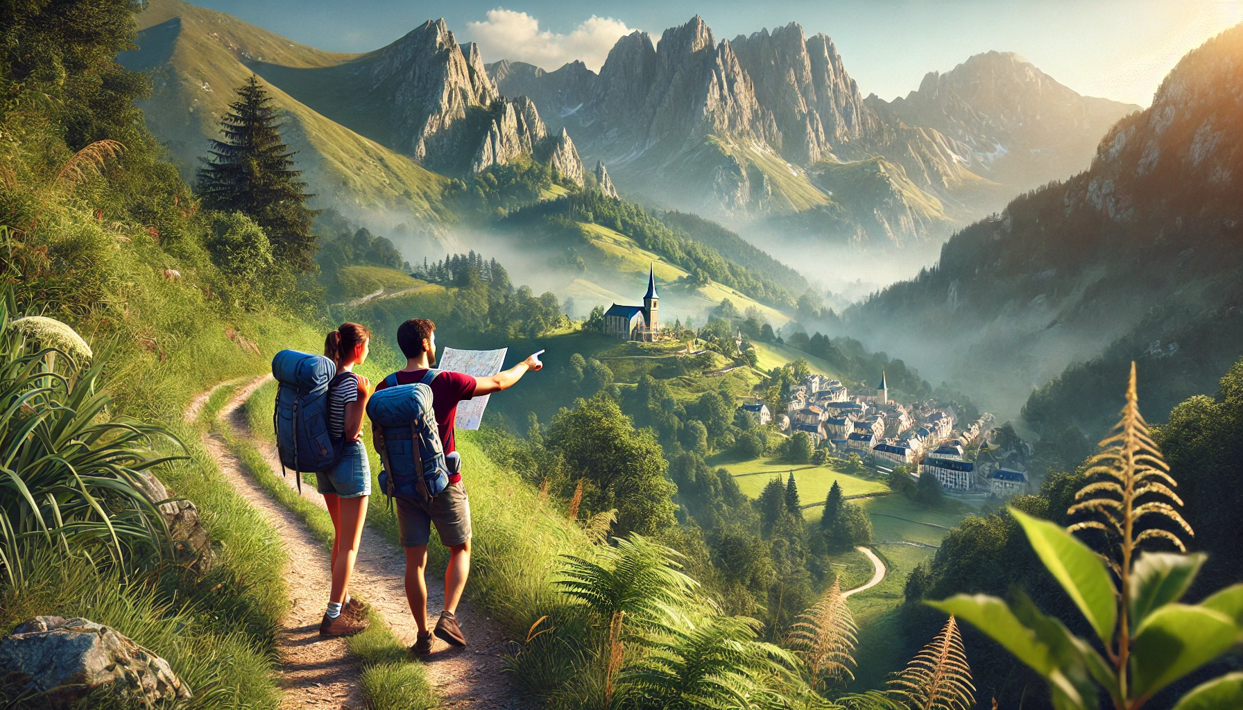 A couple hiking along a lush mountain trail in Ariège, with one pointing toward a distant village nestled in the misty Pyrenees, capturing the essence of their adventure in nature.