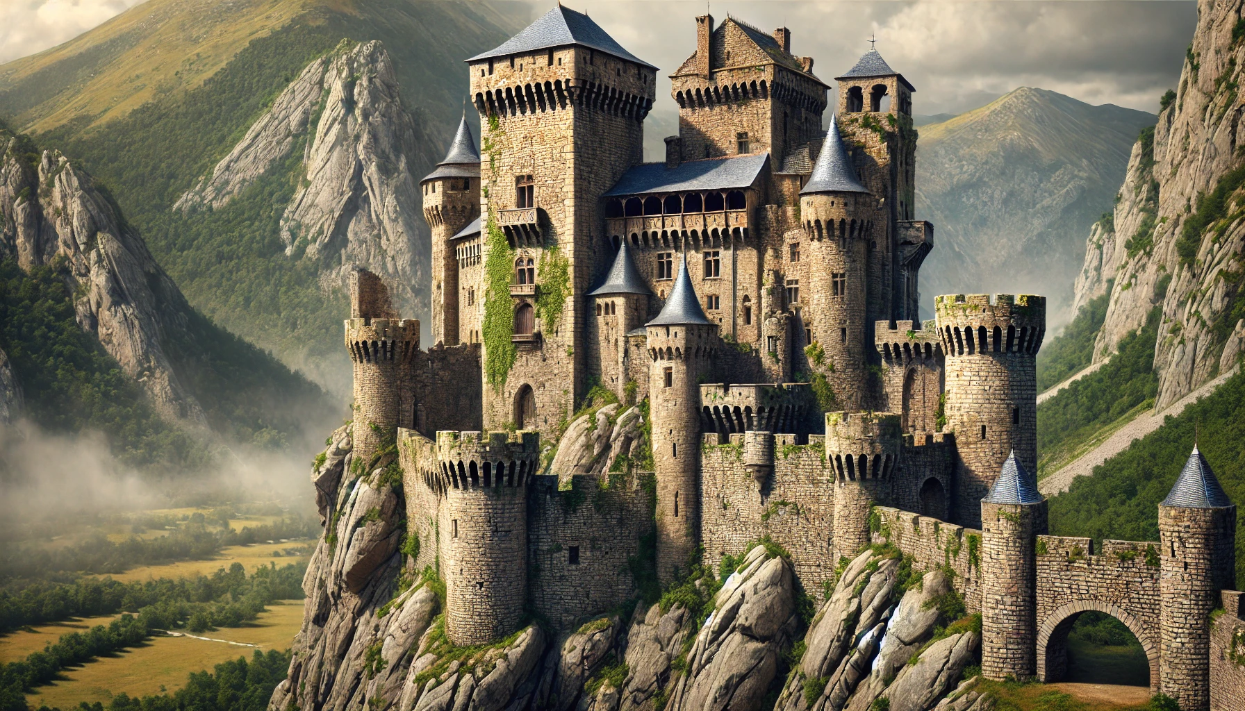 A detailed close-up of a medieval castle in Ariège, showcasing its weathered stone walls and towering battlements, set against the misty Pyrenees and dense forests.
