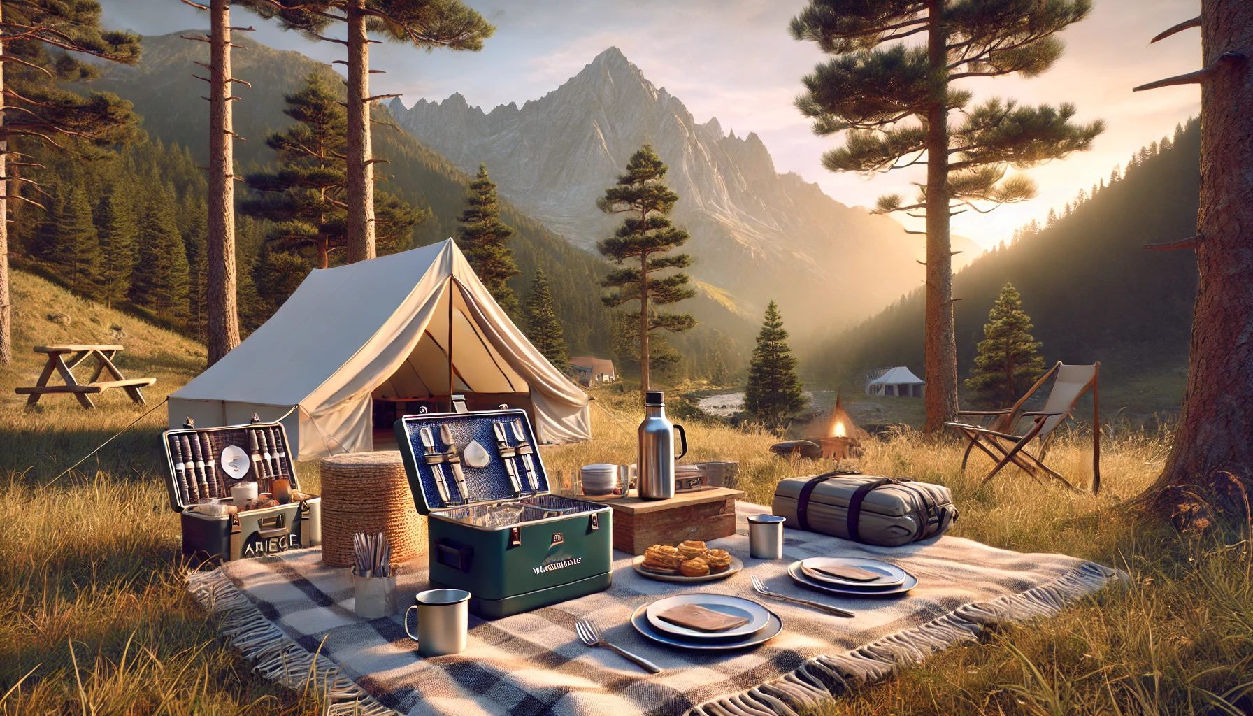 un camping douillet dans la nature ariégeoise, avec un ensemble de pique-nique d'entrepôt de montagne aménagé pour un repas en plein air.