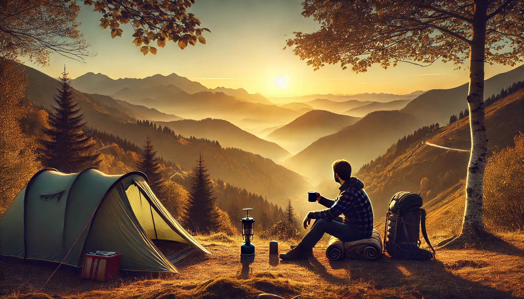 camping-car asolo en Ariège, assis près d'une tente et surplombant une vue imprenable sur la montagne au lever du soleil.