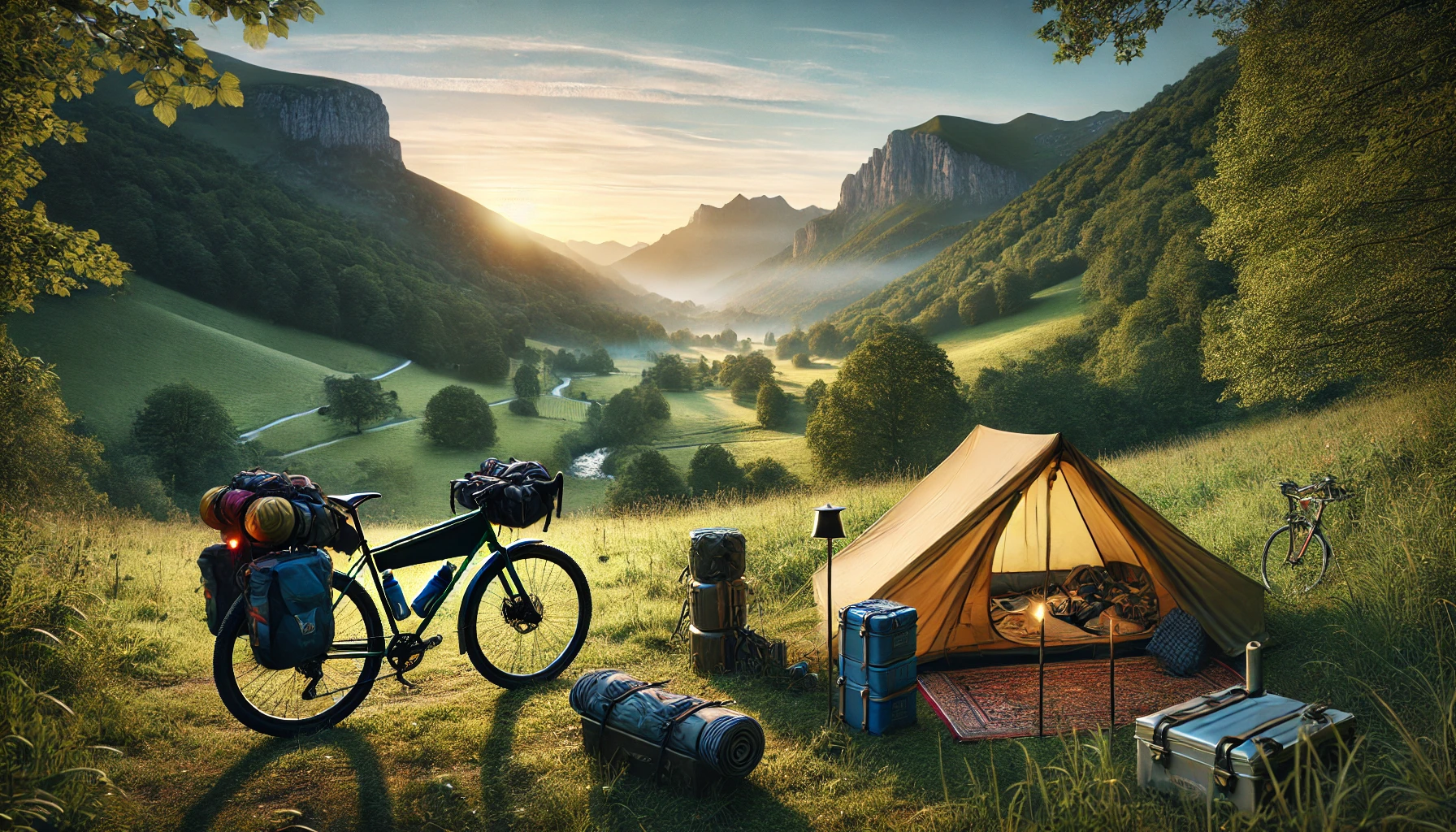 un cycliste installe un camp après une journée de randonnée à vélo dans la magnifique nature sauvage de l'Ariège.