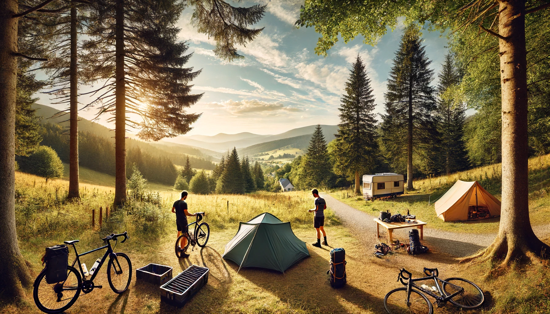 un camping en Ariège, en France, capturant un cadre pittoresque où deux cyclistes se préparent pour leur aventure de camping.