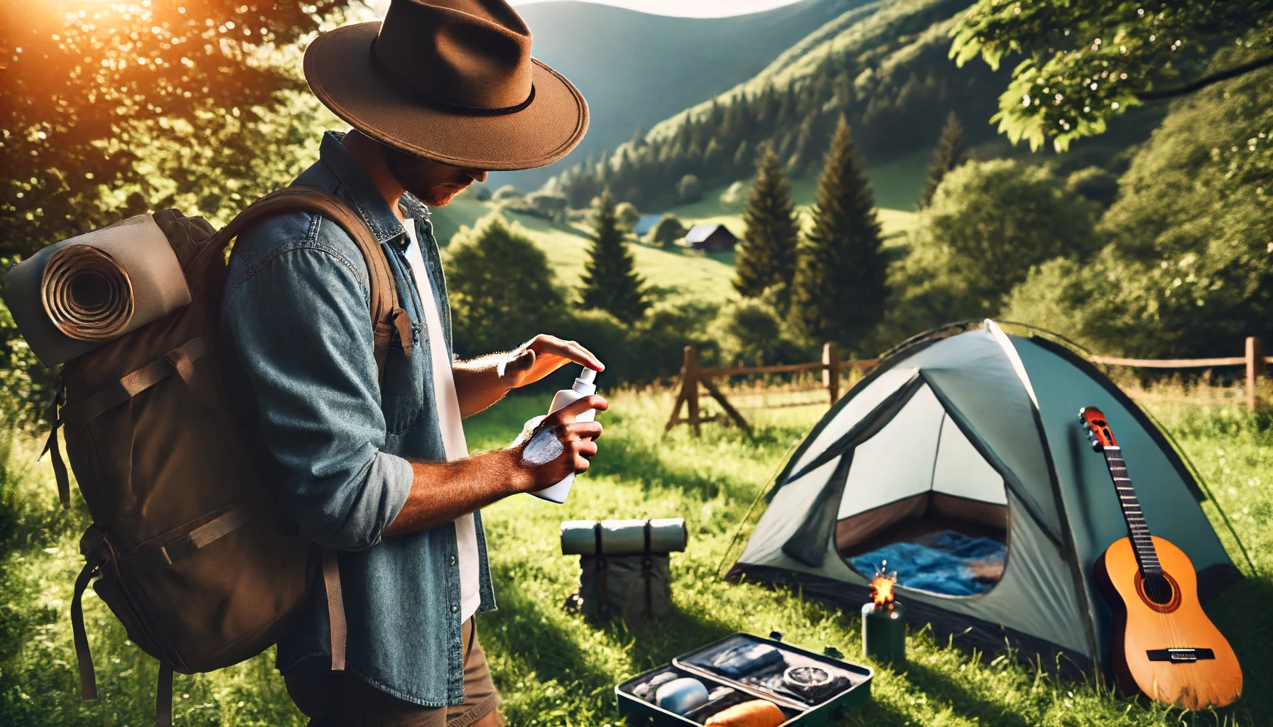 Une personne appliquant un écran solaire tout en installant une tente sur un camping pittoresque