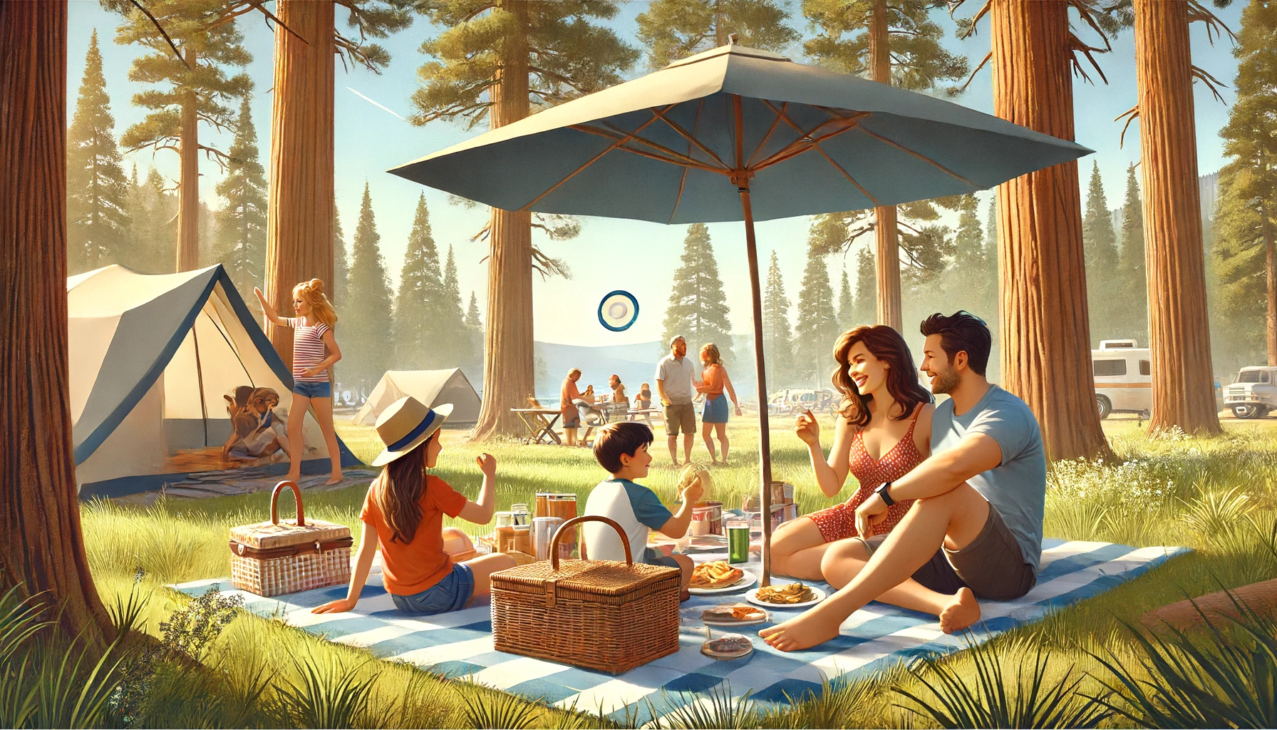 Une famille profite d'un pique-nique à l'ombre d'un grand parasol dans un camping entouré de grands pins