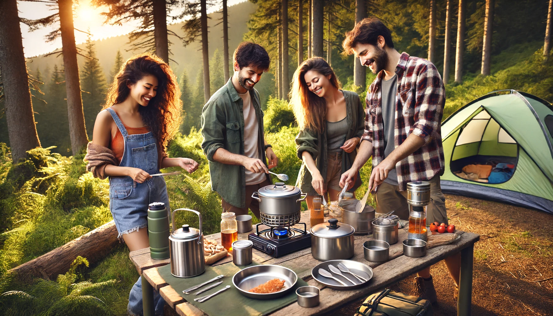 un camping tranquille avec des amis préparant un repas.