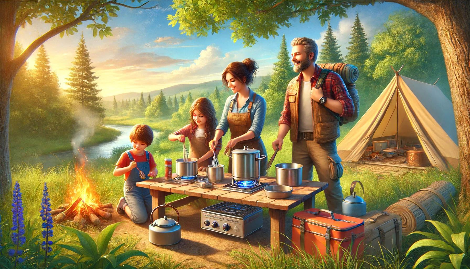 f une famille cuisine ensemble sur un site de camping pittoresque, en utilisant un réchaud portatif et un équipement de camping léger.