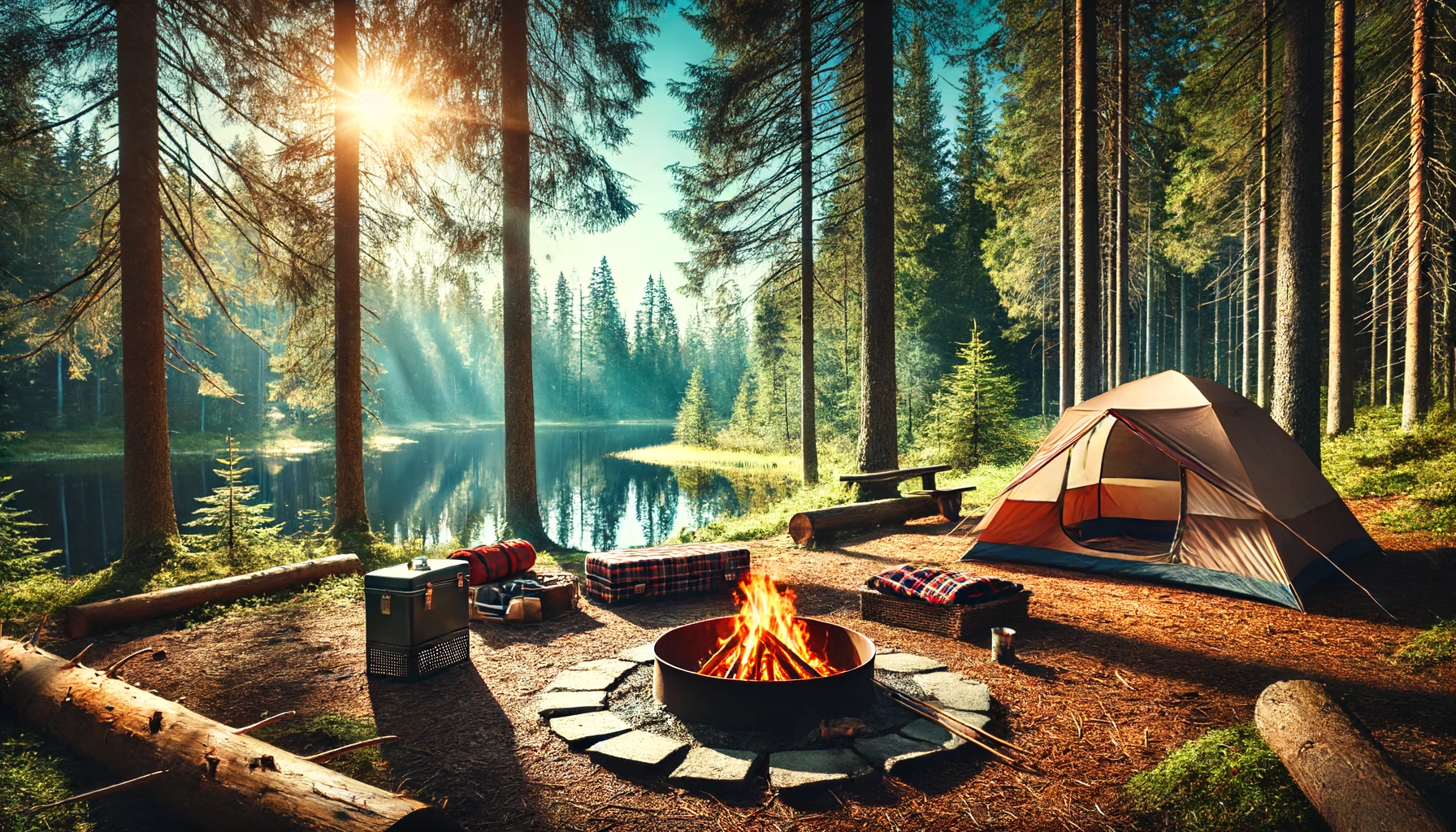 A serene camping scene in a forest setting with a pitched tent, a campfire in a designated fire ring, and well-organized camping gear around.