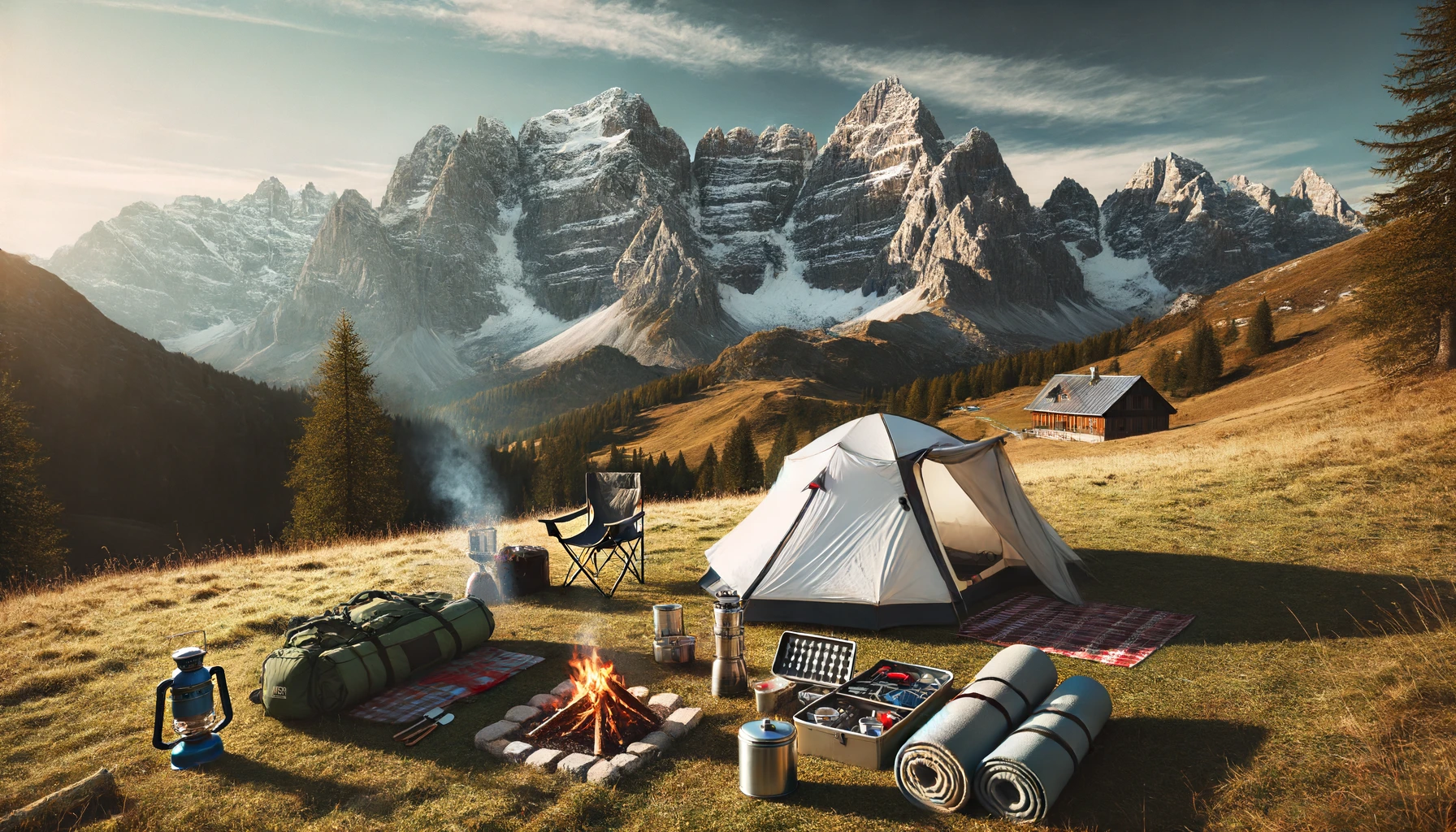 A camping scene in the mountains with a pitched tent on a flat grassy area, surrounded by snow-capped peaks in the background.