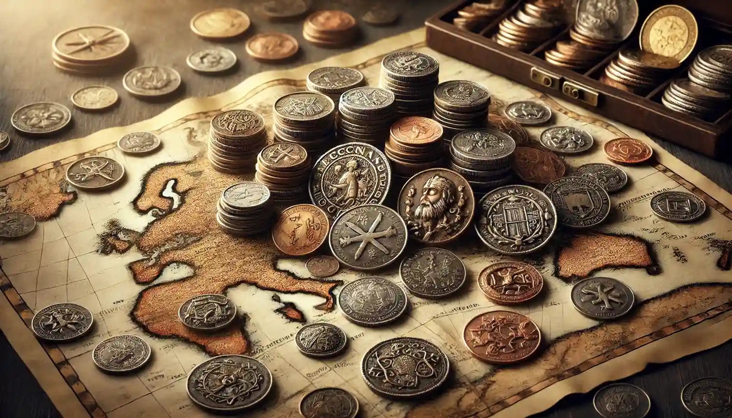 Coins from various eras and countries arranged on an old world map.