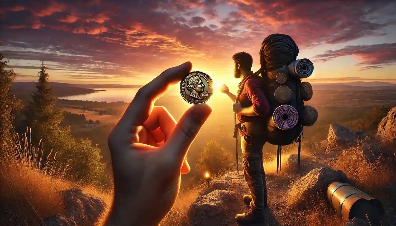 Two travelers are standing at the top of the hill, one is with a large backpack and another is holding a coin found at an antique market.