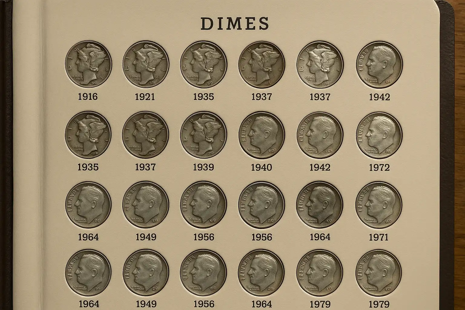 a dime collection in a coin album