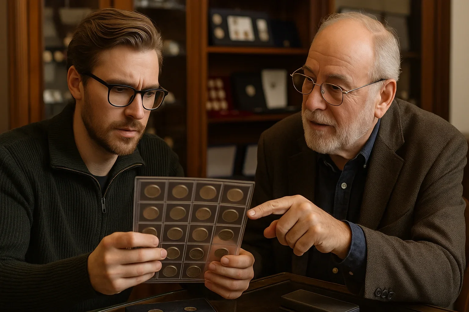 a young male coin collector talking to an elderly male coin dealer and choosing a coin