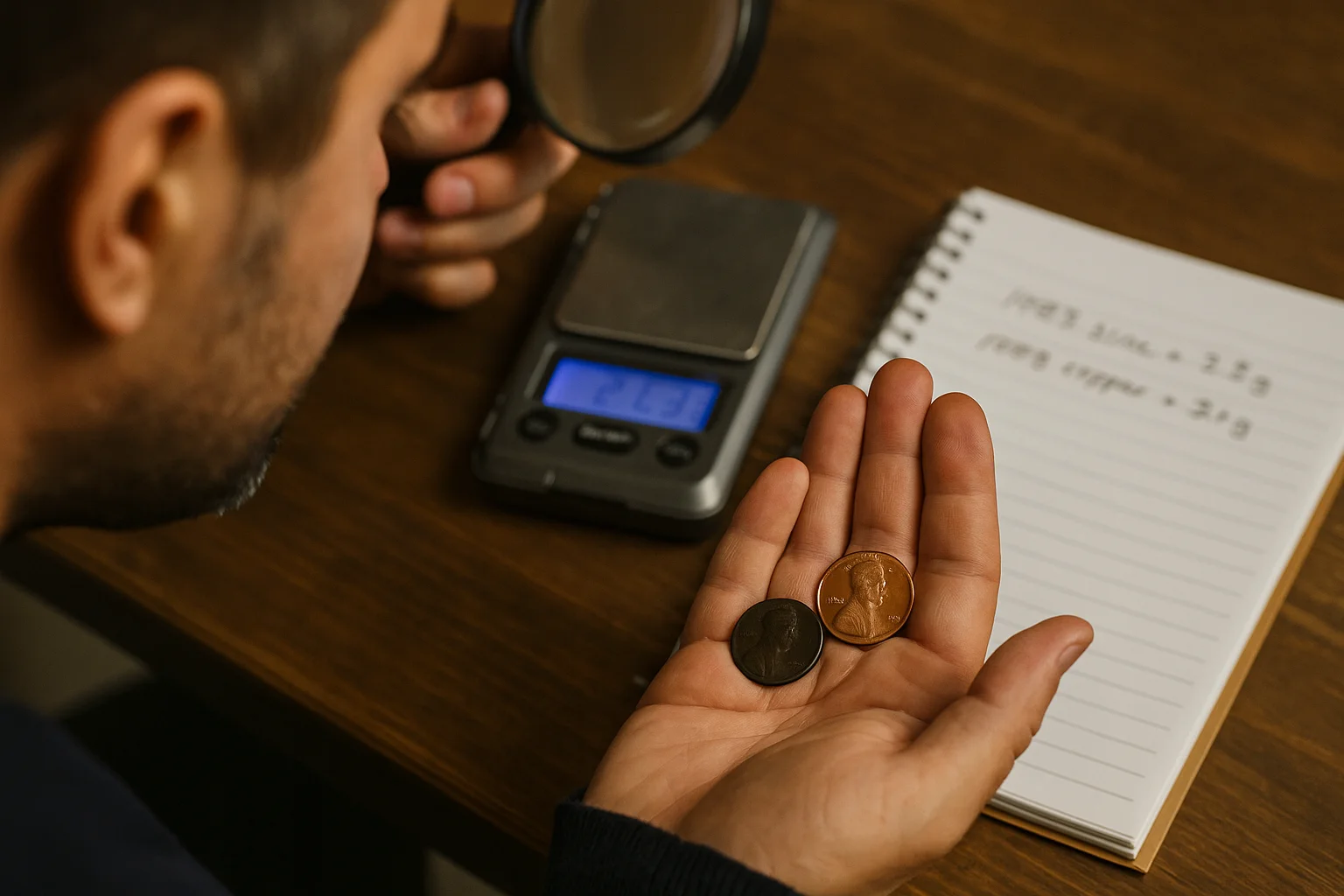 A collector examines two pennies of different compositions under warm light while making records.