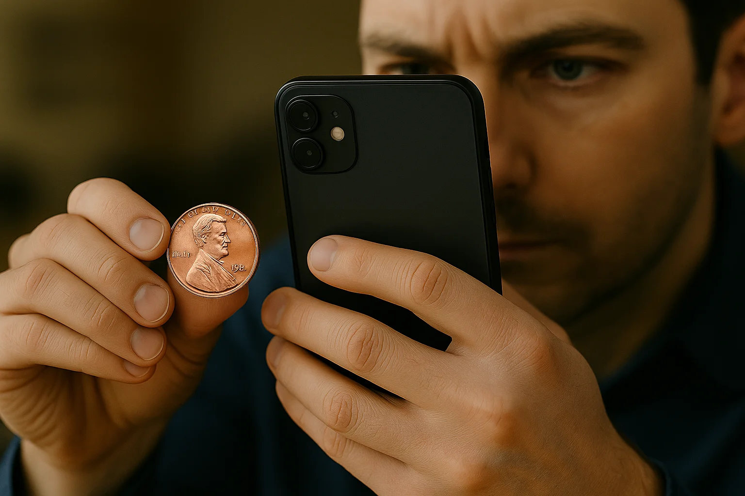 A man carefully photographs a 1983 Lincoln penny with his smartphone to capture its fine surface details for identification.